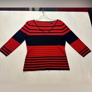 Sculpturesilk Red Black Striped Silk Blend Sweater Women’s Large 3/4 Sleeve